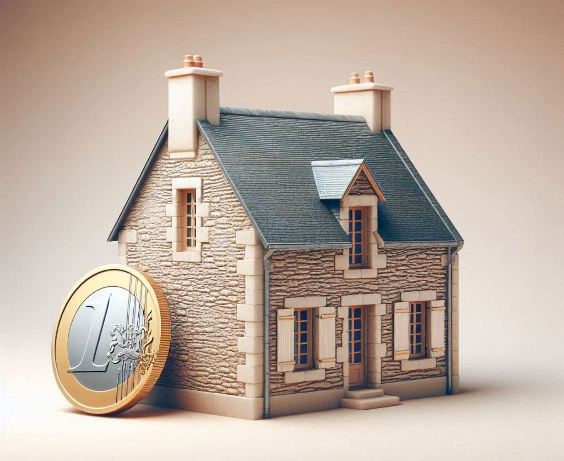 Une maison en pierre avec une pièce de 1 euro